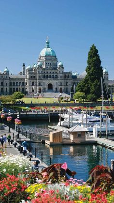 boats are docked in front of a large white building with a green dome on top