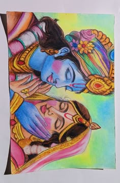 a drawing of two women with their faces painted in blue and yellow, one is holding the other's head