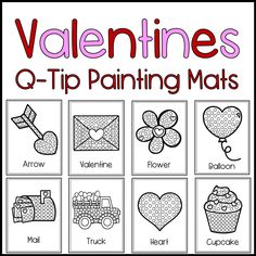 valentine's day q - tip painting mats with hearts, flowers, and trucks