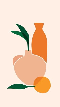 an orange vase and two pears on a light pink background with green leaves in the foreground