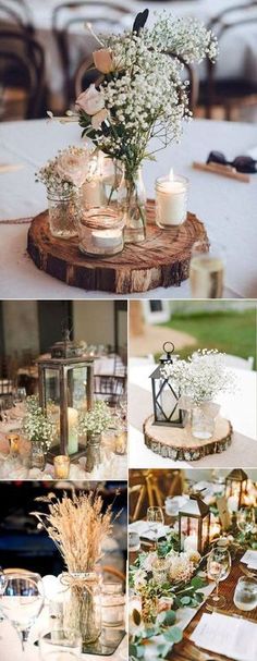 a collage of photos with flowers, candles and other things in them on a table