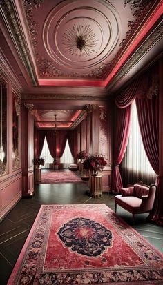 an ornately decorated room with red curtains and rugs