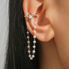 Crystal Chain Of Pearl Ear Cuff, Chain & Zircon Ear Cuff Gold Color Plated Cheap Clear Crystal Earrings For Pierced Ears, Cheap Crystal Earrings With Ear Wire For Formal Occasions, Ear Piercing Chain Cuff, Cuff And Chain Earring, Cuff Earrings Chain, Aespa Earring, Pearl Ear Cuff, Wire Ear Cuffs, Ear Cuff Gold