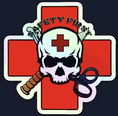 a red cross with a skull holding a pair of scissors in it's mouth