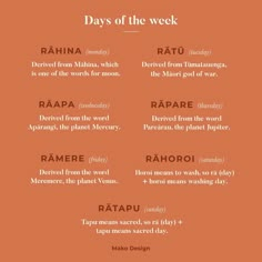 the days of the week in different languages on an orange background with text below it