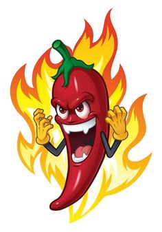 a hot chili pepper character with flames in the background