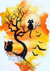 a cat sitting on top of a tree in front of a full moon with bats