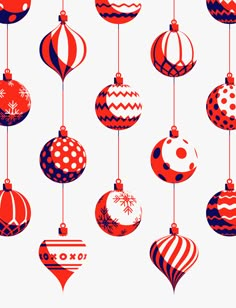 red and blue ornaments hanging from strings against a white background with snowflakes on them