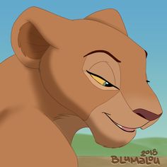 the animated lion is smiling and looking at something in the distance with his eyes wide open