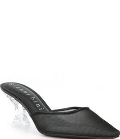 From Gianni Bini&#x2C; the Aylah Mesh Clear Heel Dress Mules feature:Mesh fabric upperSnip toe construction4 mm padded memory foam sockSlip on designUnlinedSynthetic outsoleApprox. 2.36" clear block heel heightImported. Homecoming Heels, Dress Mules, Clear Block Heels, Black Mules, Clear Heels, Heels Black, Gianni Bini, Dress And Heels, Mules Shoes