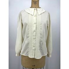 "Ann Chabrol Blouse Shirt Ivory White Pointed Flat Collar  Medium Embroidered Pointed Flat Collar Tuxedo Pleat Front Button Up Long Sleeve Button Cuffs Retro Modest Style 100% Polyester Measurements Chest 42\" Waist 39\" Length 24.5\"" Pointed Flat Collar, Modest Style, Flat Collar, Button Up Long Sleeve, Collar Blouse, Blouse Shirt, Vintage Shop, Ivory White, Vintage Shirts