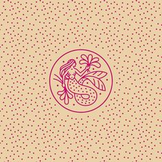 a drawing of a mermaid in a pink circle on a beige background with polka dots