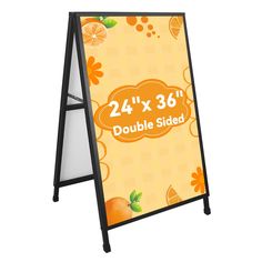 a sign with the words double sided and oranges on it's sides, in front of a white background