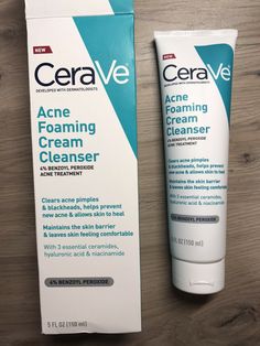 CeraVe Acne Foaming Cream Cleanser | 4% Benzoyl Peroxideto Acne Treatment 5 fl.oz New with Box [ ACNE FACE WASH WITH BENZOYL PEROXIDE ] Helps clear pimples, whiteheads, and blackheads from skin's surface and helps prevent new acne from forming [ TRANSFORMING TEXTURE ] Unique cream-to-foam formula works to gently remove dirt, excess oil, and makeup from skin's surface without leaving skin feeling stripped of moisture [ HYDRATED SKIN ] Hyaluronic Acid helps to retain skin's natural moisture while Acne Foaming Cream Cleanser, Clear Pimples, Natural Remedies For Acne, How To Clear Pimples, Forehead Acne, Pimples Overnight, Acne Face, Acne Face Wash, Natural Acne Remedies