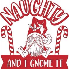 the logo for naught and i gnome it, with candy canes around it