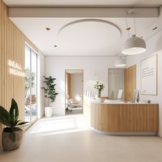 the interior of an office with wooden walls and white flooring, plants in vases on either side of the counter