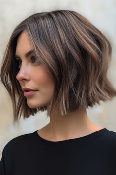 For a modern twist consider getting a blunt medium-length bob with textured ends. The textured ends add a touch to this layered haircut making it suitable for straight or wavy hair. Click here to check out more stunning medium-length layered haircuts trending right now. Straight Bob Thick Hair, Choppy Bob Hairstyles Side Part, Textured Bob Middle Part, Layered Bob Hairstyles For Straight Hair, Bobs With Texture, Balyage Short Hair Brunette Bob, Short Modern Haircuts, Layered Bob Dark Hair, Texturized Bob Medium