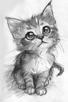 a pencil drawing of a kitten sitting down