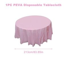 the table cloth is pink with ruffles on it and there are measurements for each piece