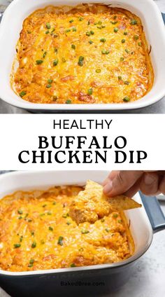 healthy buffalo chicken dip in a white casserole dish with a hand holding a tortilla chip