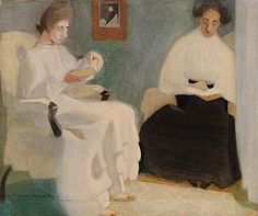 a painting of two people sitting next to each other