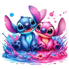 two cartoon characters in the water with splashing paint on their face and one is smiling