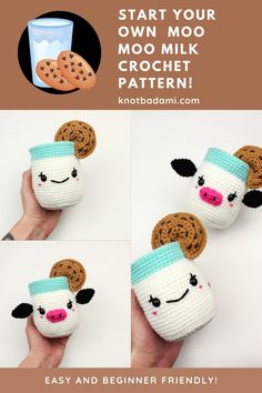 crochet instructions for how to make a cute mug cozyie with your own moo milk and cookies