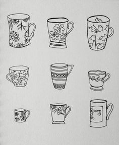 a drawing of coffee cups with different designs on them