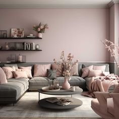 a living room filled with furniture and pink walls