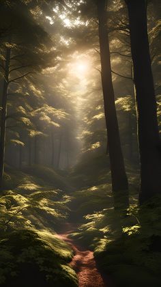 the sun shines through the trees and leaves in a forest with a dirt path