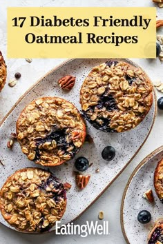 blueberry baked oatmeal muffins on a plate with text overlay