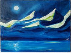 an acrylic painting of mountains in the night sky