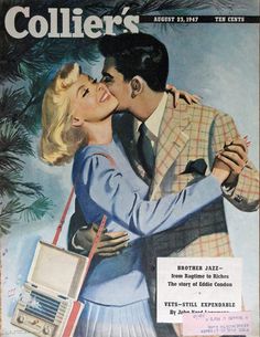 an old magazine cover with a man kissing a woman