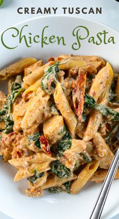 creamy tuscani chicken pasta with spinach and sun dried tomatoes in a white bowl