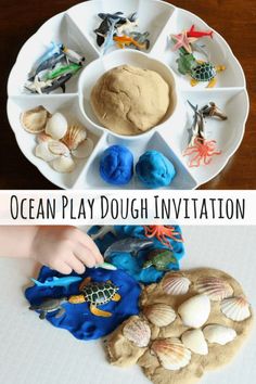 an ocean play dough party with sea animals and seashells on the plate, and a child's hand reaching for it