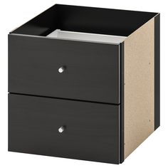 two drawers with one drawer open and the other closed, both in black and beige