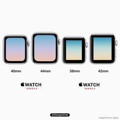 the apple watch sizes compared to each other, with different angles and colors on them