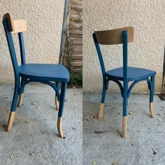 two blue chairs sitting next to each other