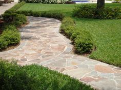 a stone path in the middle of a grassy area with shrubs and flowers on either side