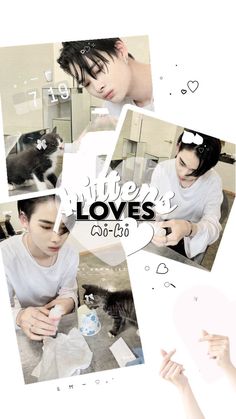 a collage of photos with two people and a cat