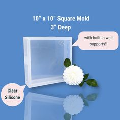 a clear square mold with built in wall supports and two white carnations