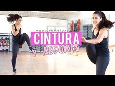 two women in black shirts and leggings are dancing with the words cintura y abdomen