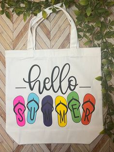 Hello Summer Tote Bag. The perfect gift to celebrate the beginning of the summer vacation. Summer Beach Canvas Gift Bag, Casual Canvas Bag With Letter Print For Vacation, Casual Letter Print Canvas Bag For Vacation, Trendy Canvas Beach Bag For Summer, Trendy Canvas Bag For Beach Season, Summer Weekend Cotton Beach Bag, Eco-friendly Canvas Summer Vacation Bag, Eco-friendly Canvas Bag For Summer Vacation, Eco-friendly Summer Vacation Canvas Bag