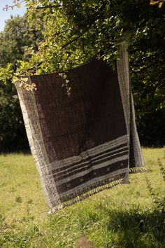 a brown and white blanket hanging from a tree in the grass with trees behind it