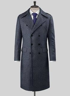 Hold the elegant flourish with our Highlander Heavy Blue Herringbone Tweed GQ Overcoat. Meanwhile, create a cornerstone in a luxurious wardrobe with pure wool fabric, which features a thick, sturdy, rough texture with a stunning herringbone weave over a blue tone. Further, possess a sartorial virtue with exquisite tailoring, which grants supreme comfort pairing a flattering fit that gives the finishing touches with a suave-looking glimpse, an ideal solution for formal or social engagements. Luxury Tailored Tweed Jacket With Herringbone Pattern, Luxury Herringbone Tweed Jacket, Luxury Long Tweed Coat, Luxury Herringbone Tweed Jacket With Notch Lapel, Luxury Wool Herringbone Coat, Mens Designer Coats, Luxurious Wardrobe, Sportswear Details, Classic Menswear