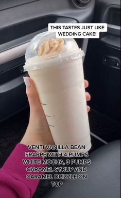 a woman holding up a cup with whipped cream in it and the caption reads, this tastes just like wedding cake