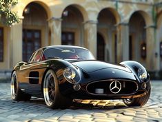 a black sports car parked in front of a building