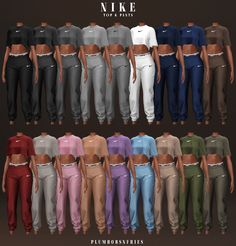 various colored sweat pants and crop tops for the female character in the video game's avatar