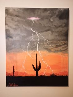 a painting of lightning striking over a cactus