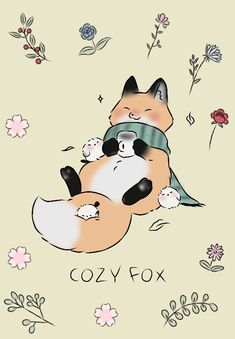 two cats sleeping on top of each other in front of flowers and plants with the caption cozy fox